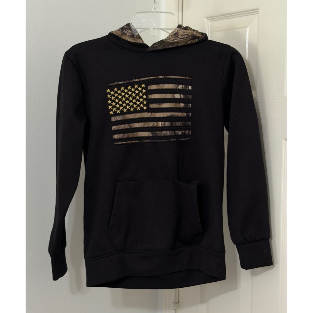 Mossy Oak Kids sz 14 Black American Flag Camo Hoodie Patriotic Outdoors Hunting